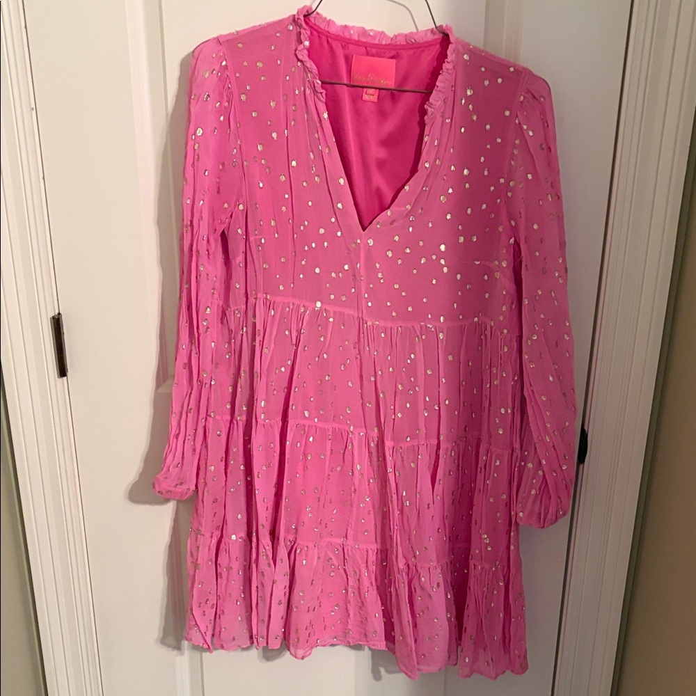 Lilly Pulitzer Pink Metallic Dot Tiered Tunic Dress